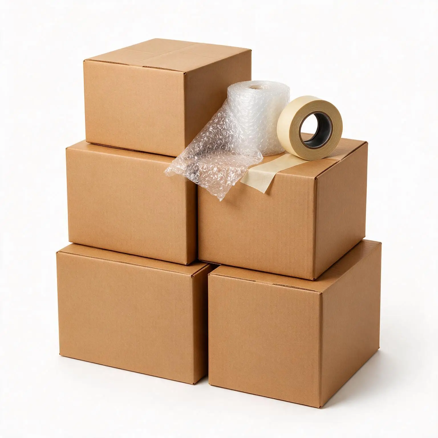 Pile de cartons de déménagement neufs avec un rouleau de papier bulle et de l’adhésif