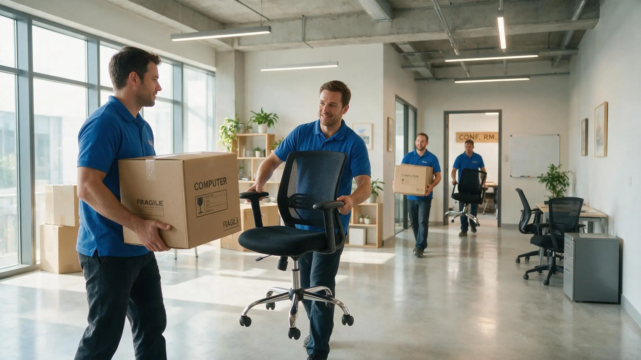 Déménagement de bureaux : déménageurs transportant cartons informatiques et sièges dans un open space — Déménagement d'entreprise et de bureaux