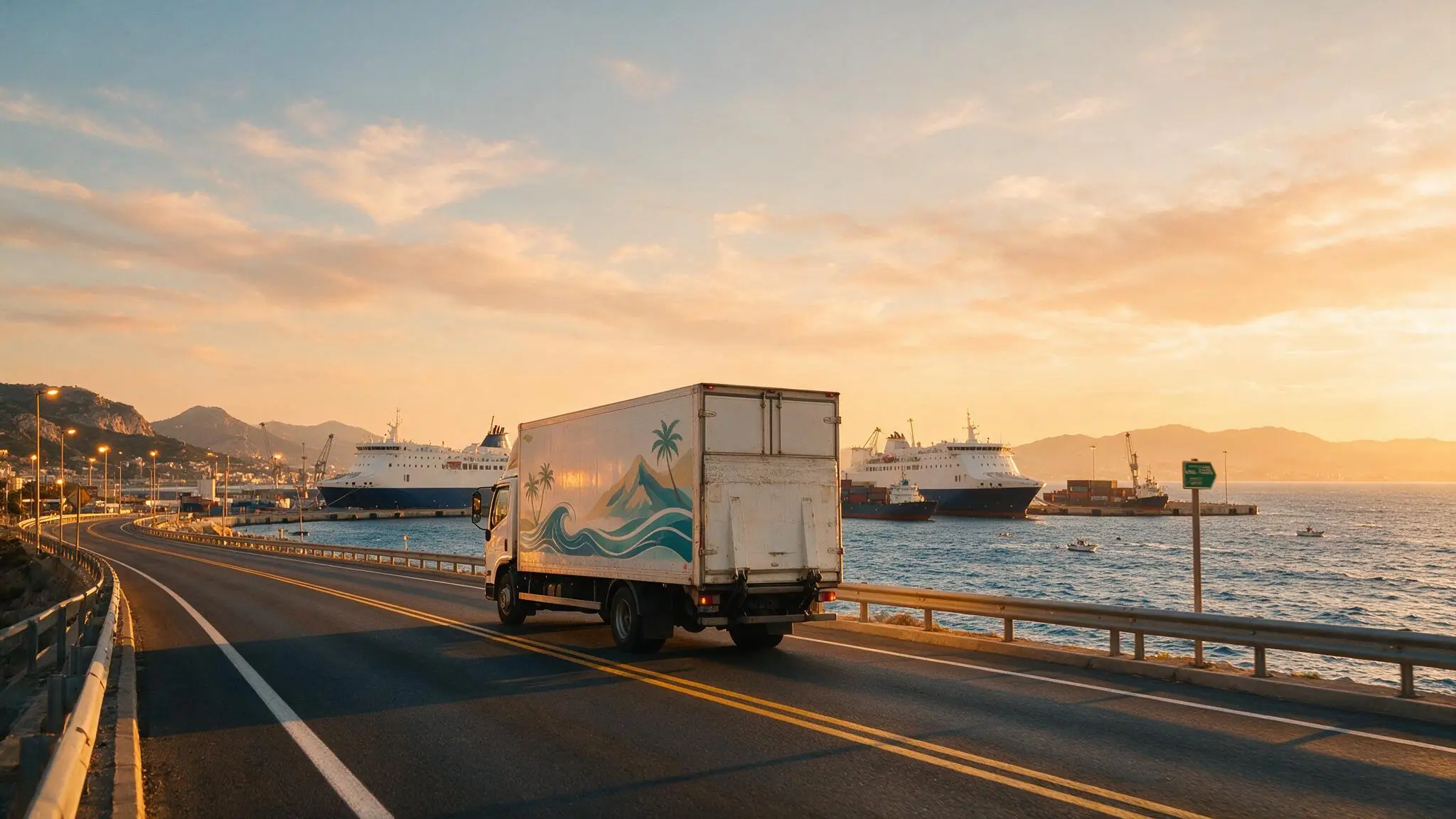Camion de déménagement sur une route côtière en direction d’un port de ferry entre la France et le Maroc — déménagement à Oujda