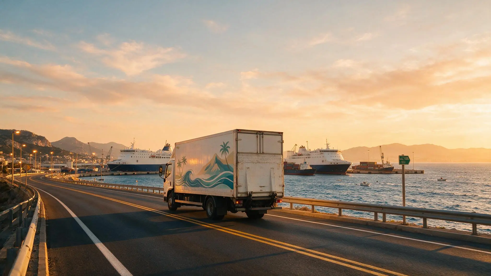 Camion de déménagement sur une route côtière en direction d’un port de ferry entre la France et le Maroc