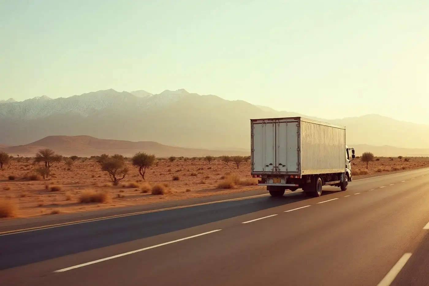 Camion de déménagement sur une route marocaine, en transit longue distance entre deux villes — déménagement Marrakech Rabat