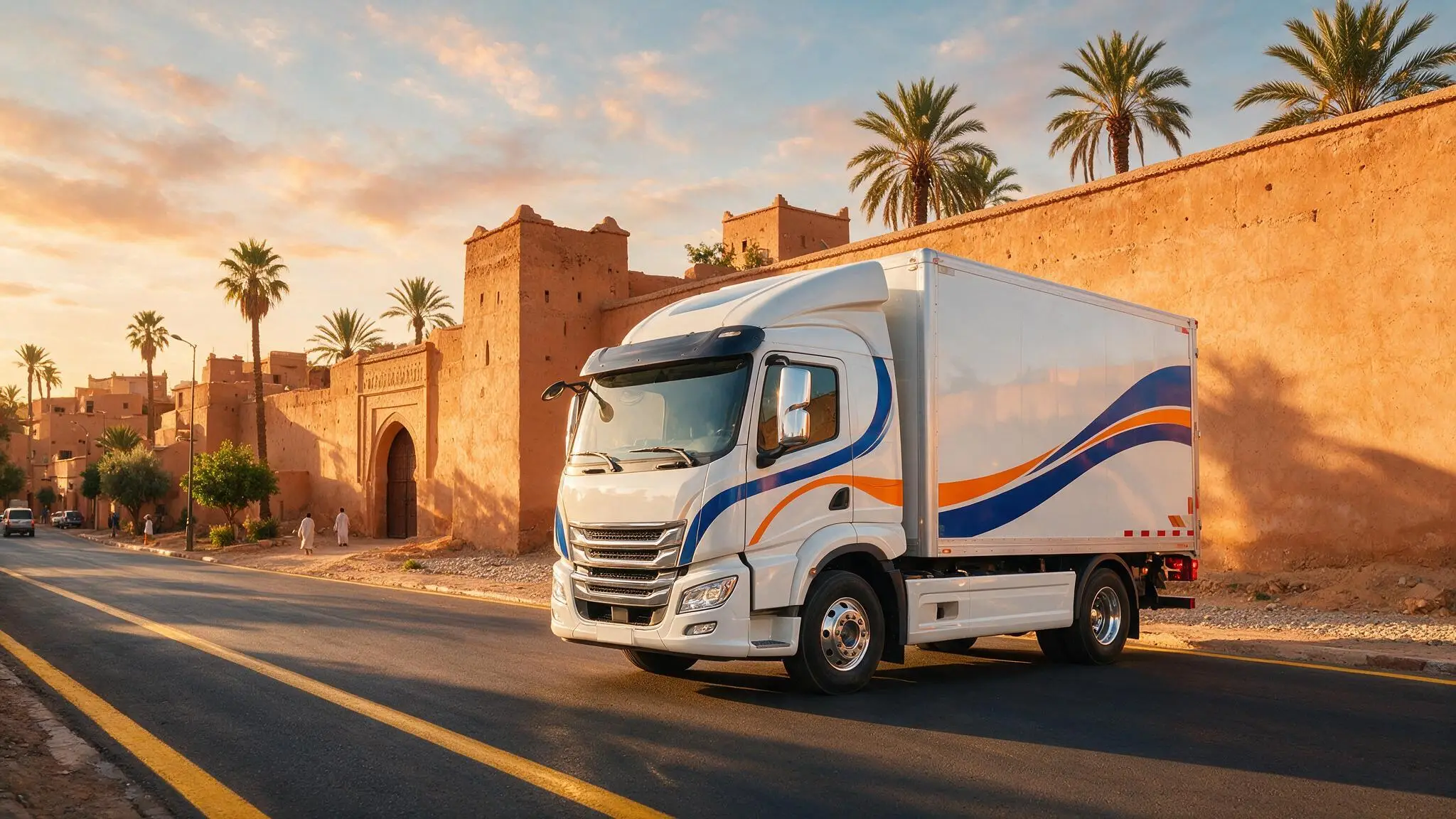 Camion de déménagement Rehili longeant les remparts ocre de Marrakech au coucher du soleil