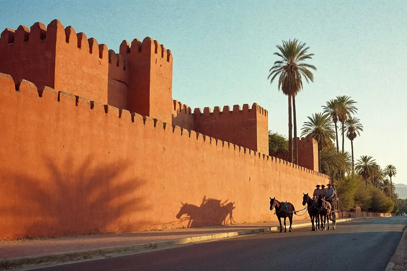 Les remparts ocre de Marrakech et leurs palmiers, longés par une calèche au soleil couchant — déménagement à Marrakech