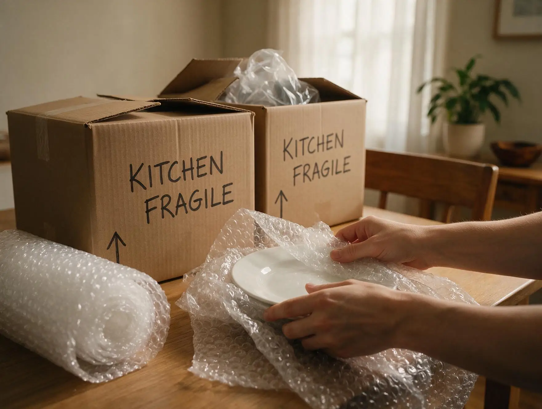 Emballage de vaisselle dans du papier bulle à côté de cartons de déménagement étiquetés