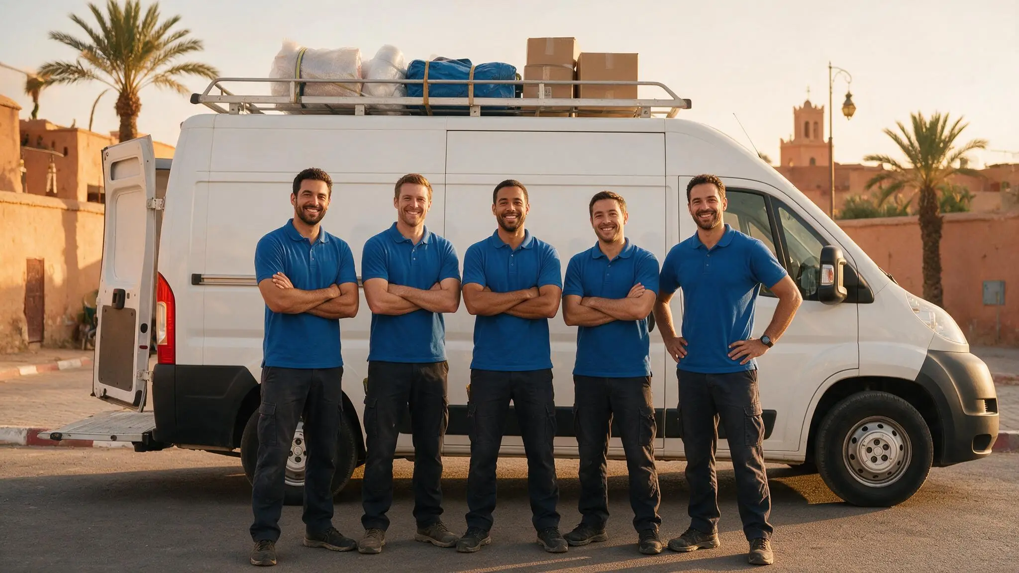 Équipe de déménageurs Déménagement Rehili devant un camion à Marrakech