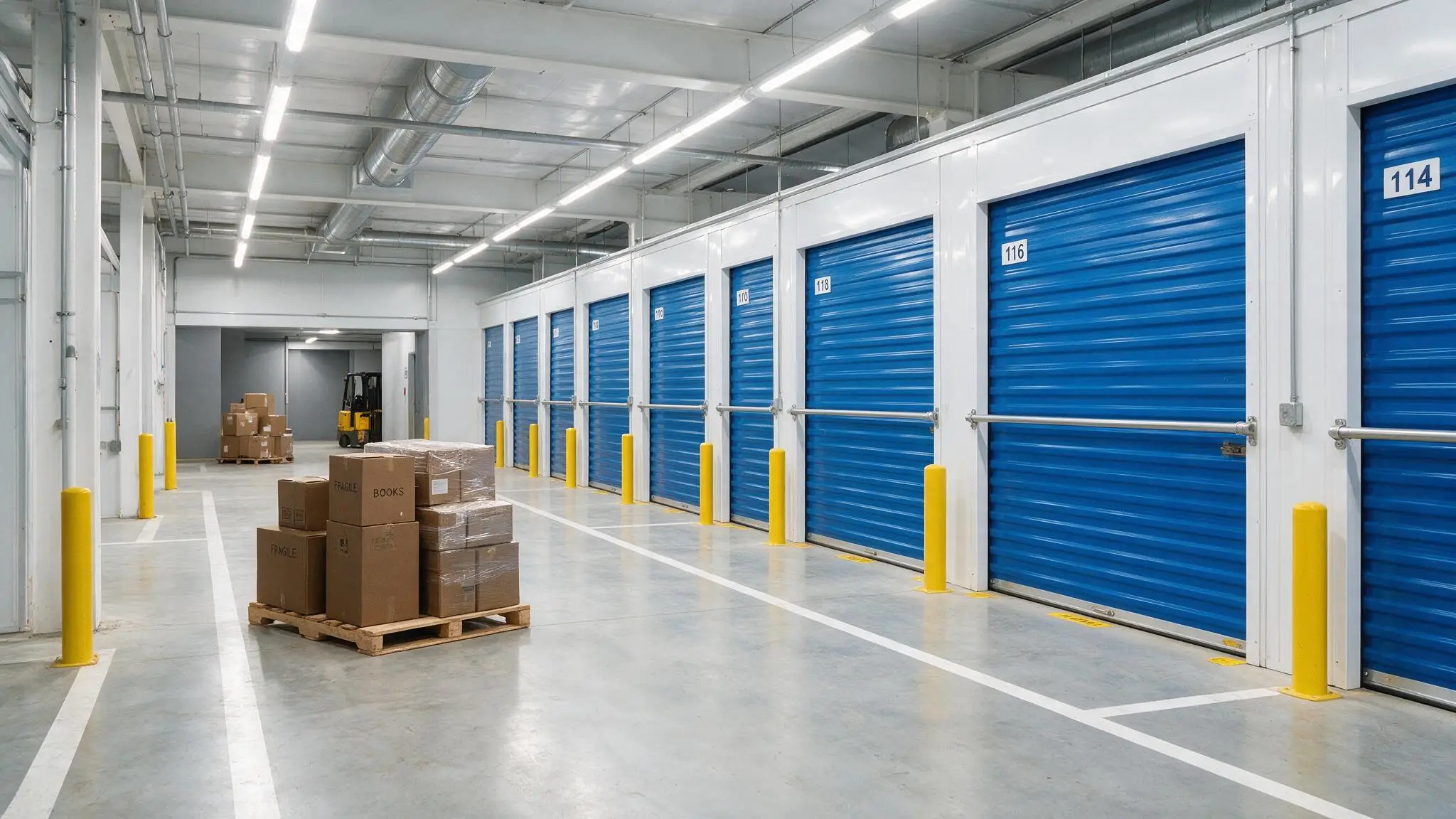 Entrepôt de garde-meuble propre avec des box de stockage à portes bleues et des cartons sur palette — Garde-meuble et stockage