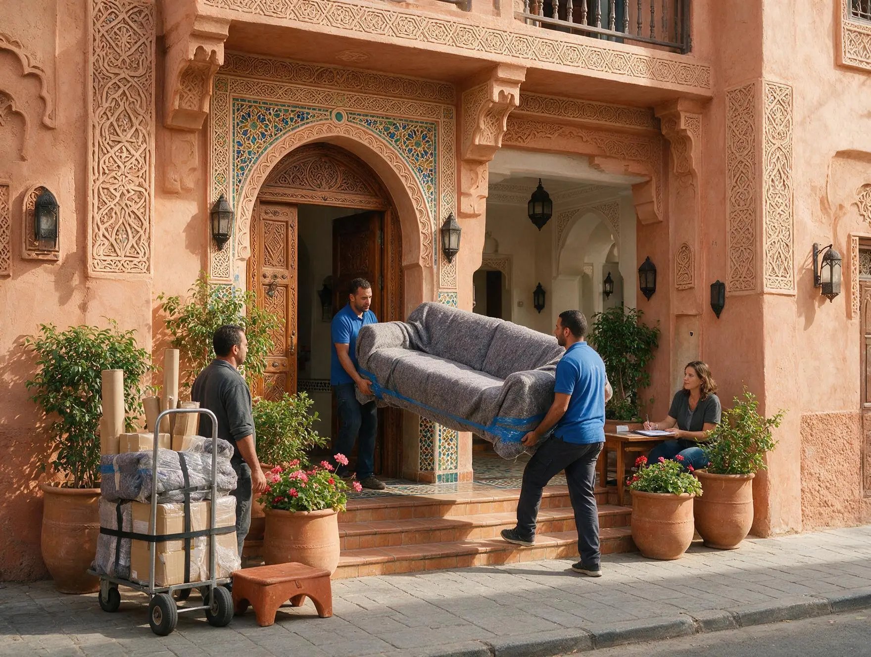 Deux déménageurs portent un canapé protégé par une couverture dans l’entrée d’un immeuble — déménagement à Rabat