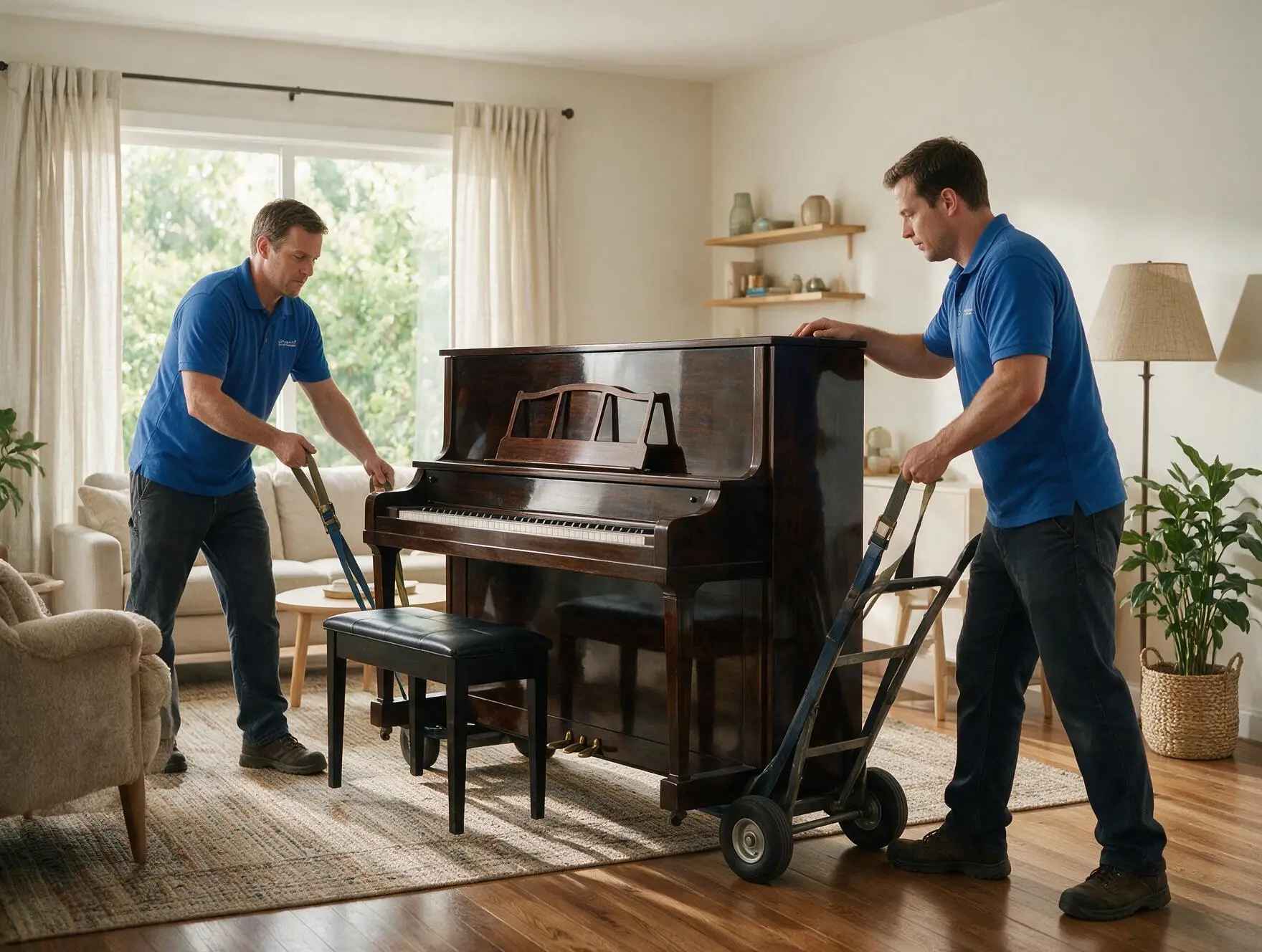 Deux déménageurs professionnels déplacent un piano droit avec des sangles de portage et un chariot — Transport d'objets lourds et fragiles